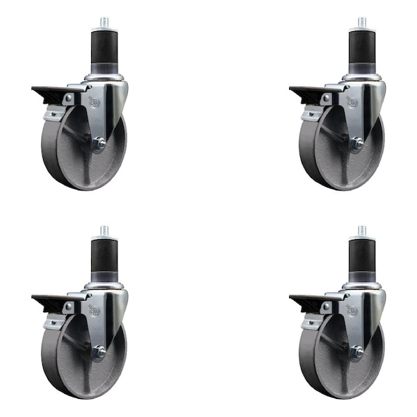 5'' Semi Steel Swivel 1-5/8'' Expanding Stem Caster Set with Brake, 4PK